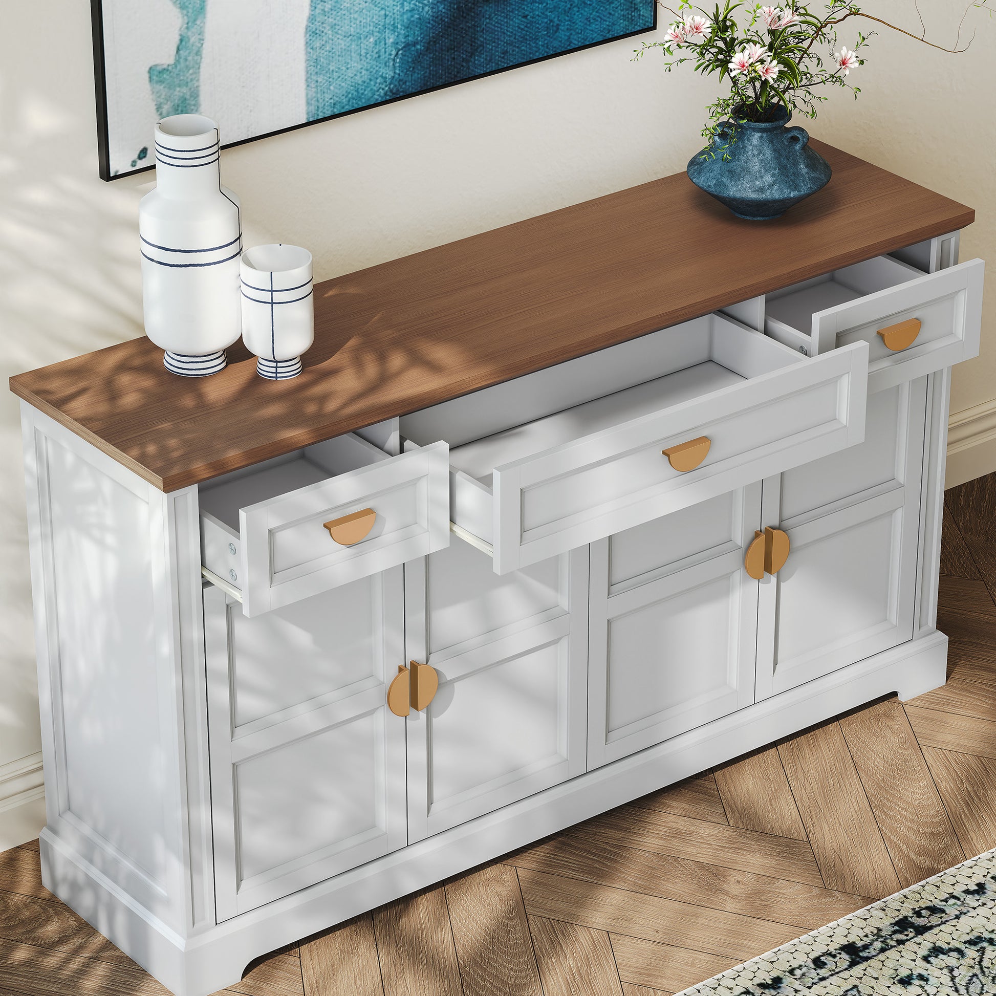 CBJCBJ Modern 60" Large Sideboard Storage Cabinet with Drawers, Farmhouse Wooden Coffee Bar, White