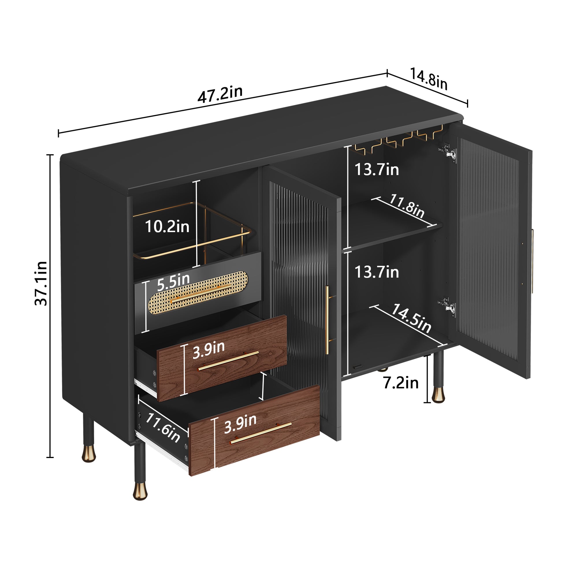 HLR 47.2" Coffee Wine Bar Cabinet with 2 Glass Doors, Modern Buffet Sideboard Table for Dining Room, Black