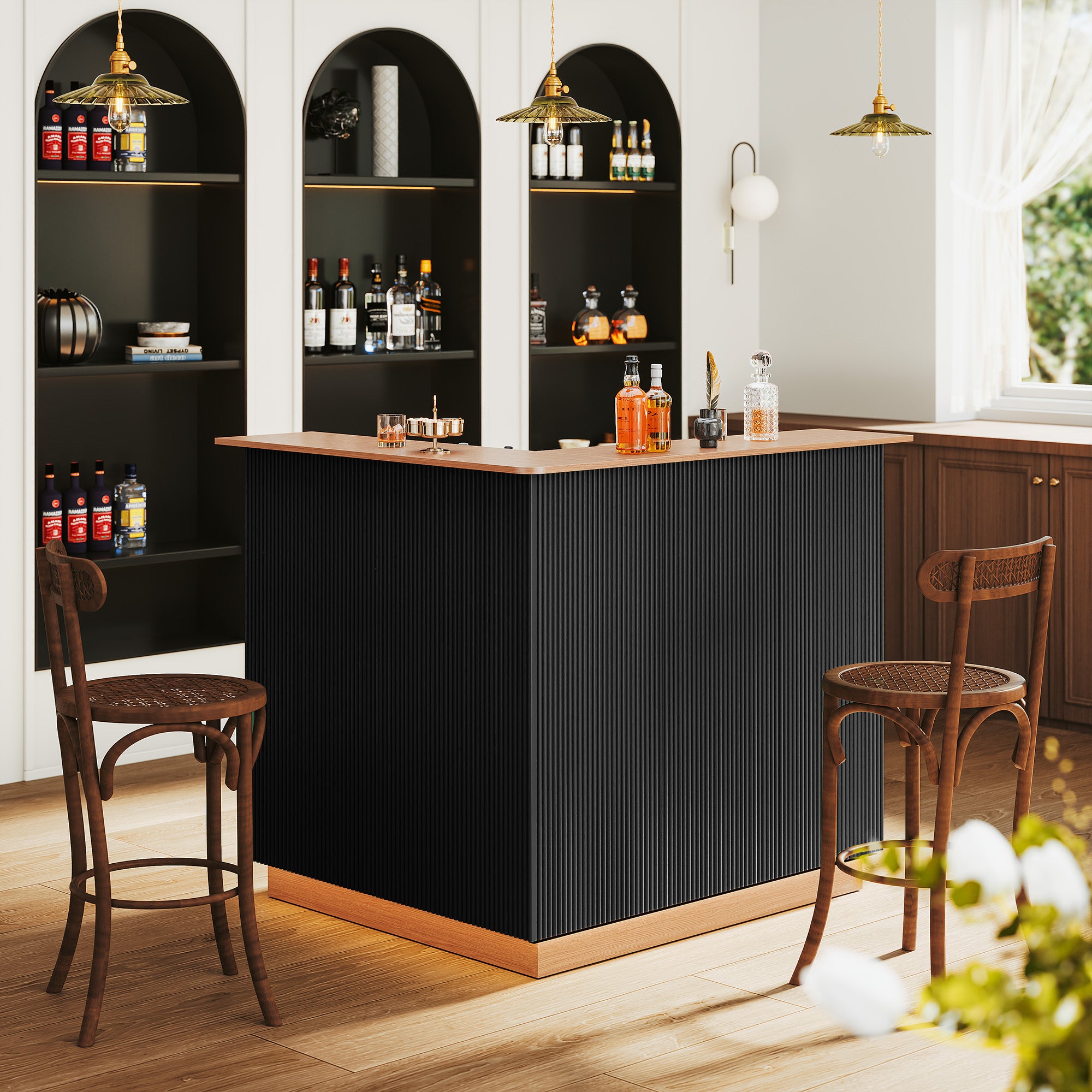 HLR L-Shaped Home Bar Cabinet with Fridge Space, 4-Tier Corner Bar Unit Wine Cabinet with Storage