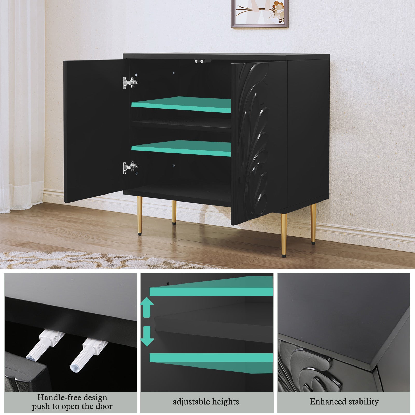 CBJCBJ Morden Floral 2 Doors Storage Cabinet Credenzas & Buffet Sideboards with Adjustable, Black