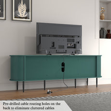 HLR 70" TV Stand for 75" TV, Wood Entertainment Center with Storage and Shelves, 2 Sliding Tambour Doors, Mid-Century Modern, Green