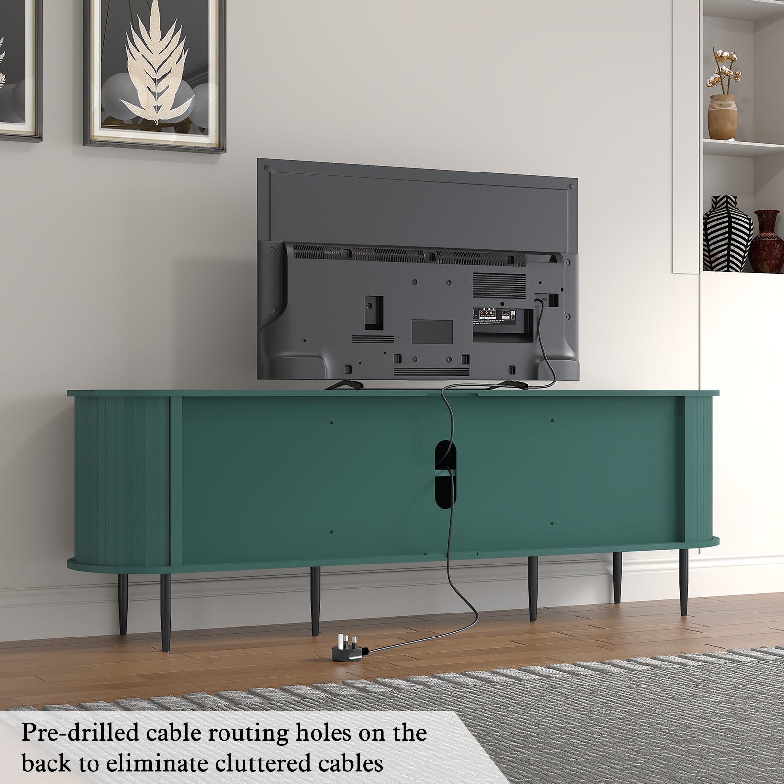 HLR 70" TV Stand for 75" TV, Wood Entertainment Center with Storage and Shelves, 2 Sliding Tambour Doors, Mid-Century Modern, Green
