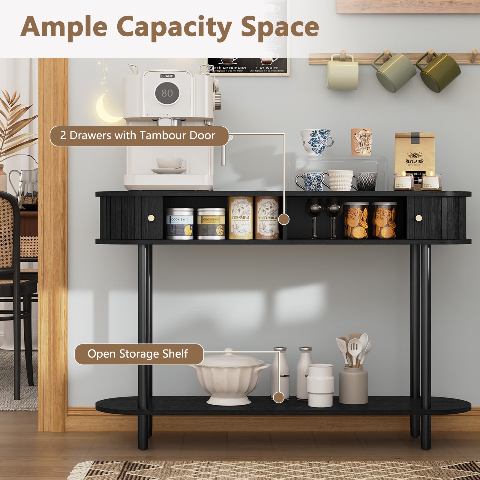 CBJCBJ 47.5" Console Modern Entryway Table with Wood Tambour Door Sofa Console &Storage Shelf for Hallway, Living Room（Black）