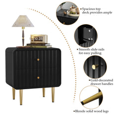 CBJCBJ Modern Bedroom Nightstand Set of 2, 20-Inch Wood Bedside Table with 2 Drawers and Gold Handles, Black