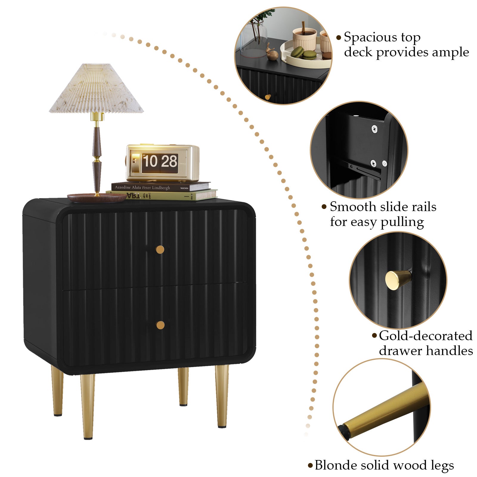 CBJCBJ Modern Bedroom Nightstand Set of 2, 20-Inch Wood Bedside Table with 2 Drawers and Gold Handles, Black