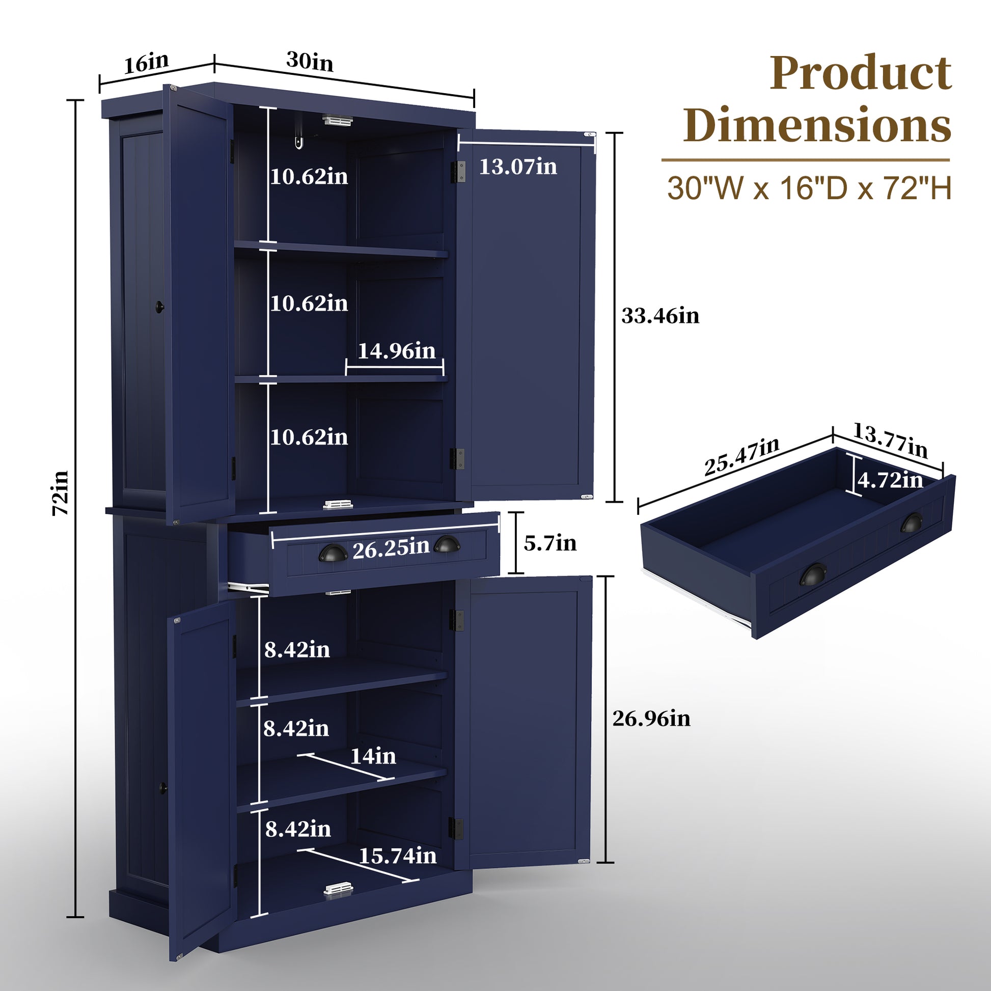 72" Tall Kitchen Pantry Cabinet with Drawer & Adjustable Shelves, Freestanding Storage Cabinet, Navy Blue