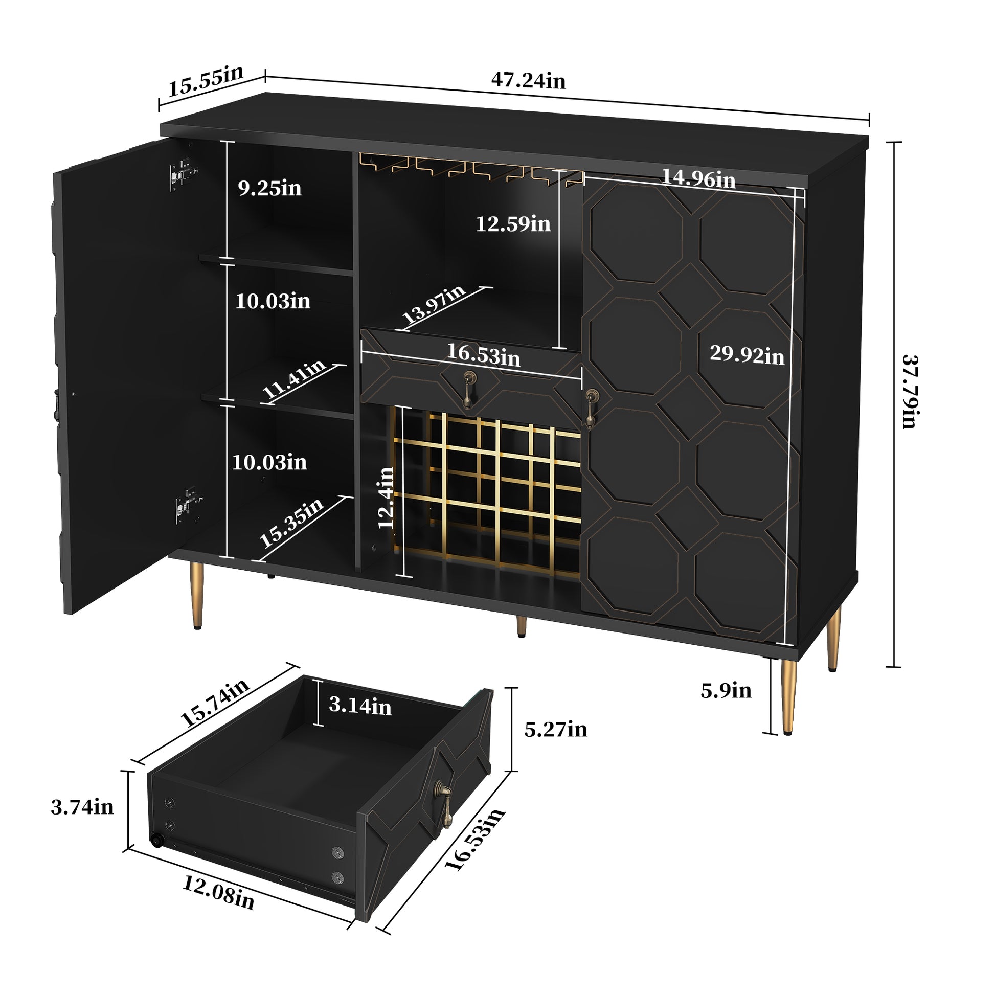 HLR Modern 47.2" Wine Bar Cabinet with Drawer, Geometric Door Buffet Sideboard Coffee Bar for Kitchen, Black