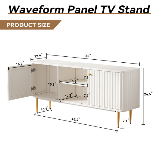 HLR Modern Fluted 55" TV Stand for 65 Inch TV with Storage, Entertainment Center for Living Room, White