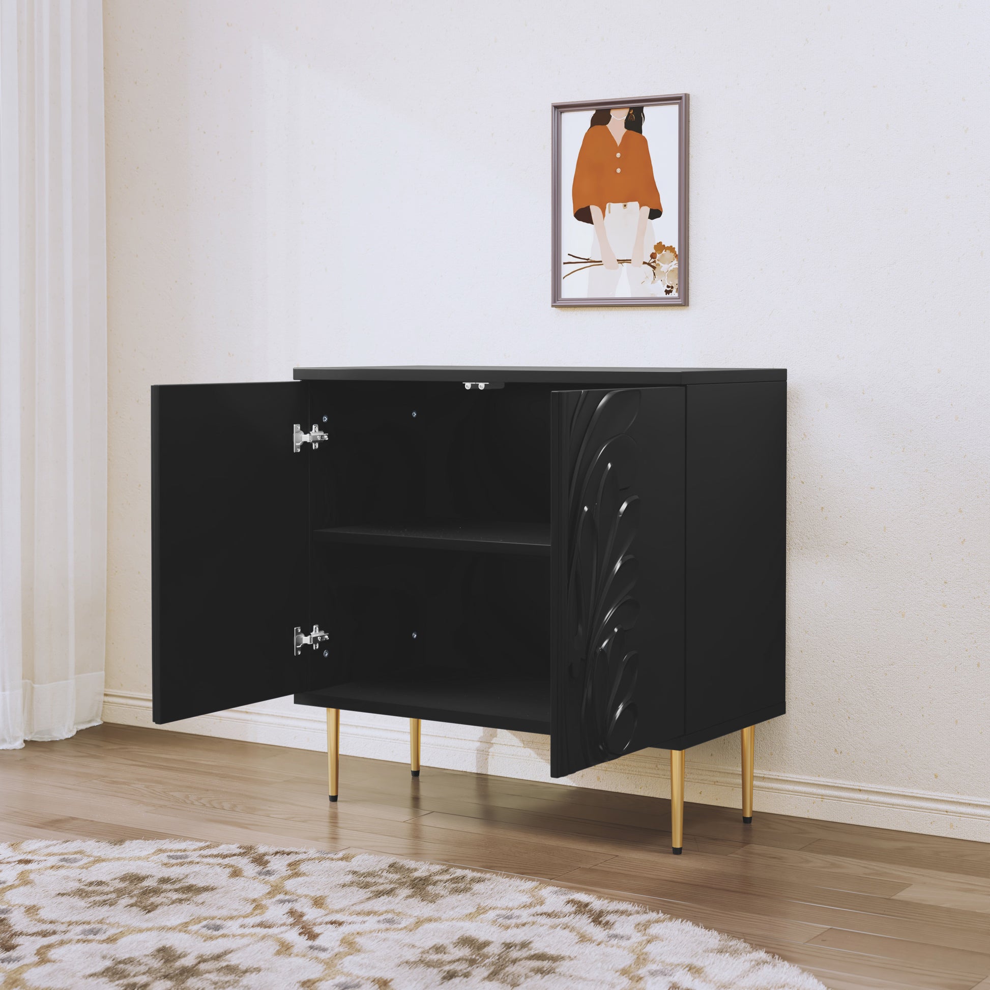 CBJCBJ Morden Floral 2 Doors Storage Cabinet Credenzas & Buffet Sideboards with Adjustable, Black