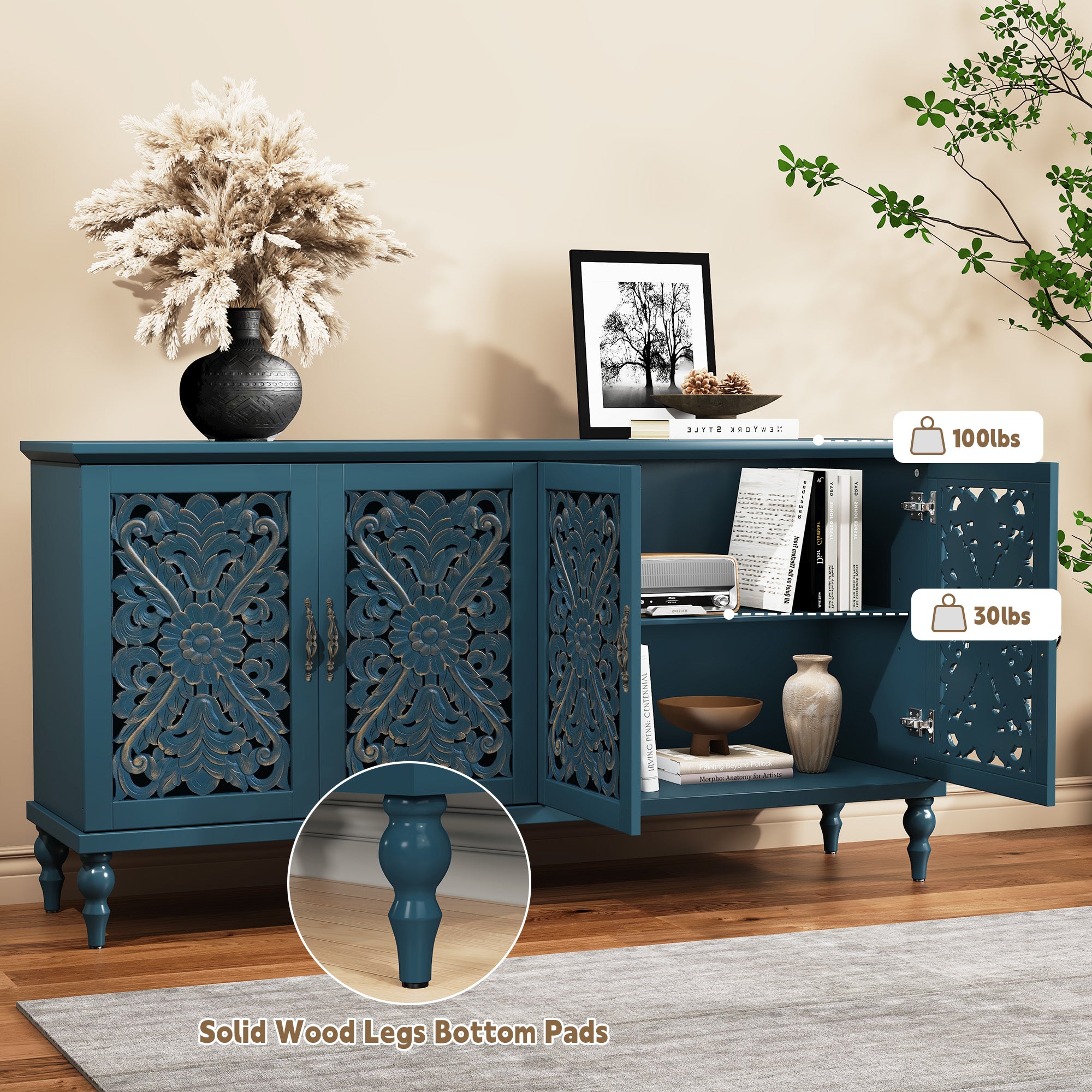 HLR 62'' Mid Century Vintage Sideboards Buffets Cabinet with 4 Doors Storage for Kitchen Dining, Blue