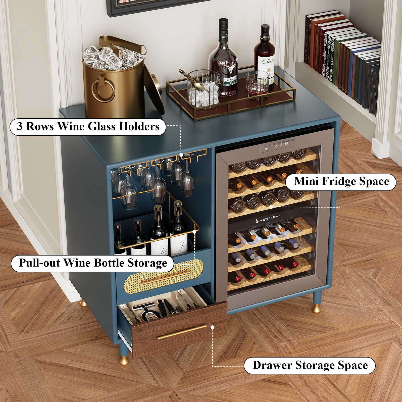 HLR Modern Coffee Bar Cabinet with Space for Mini Fridge and Rattan Drawer, Blue