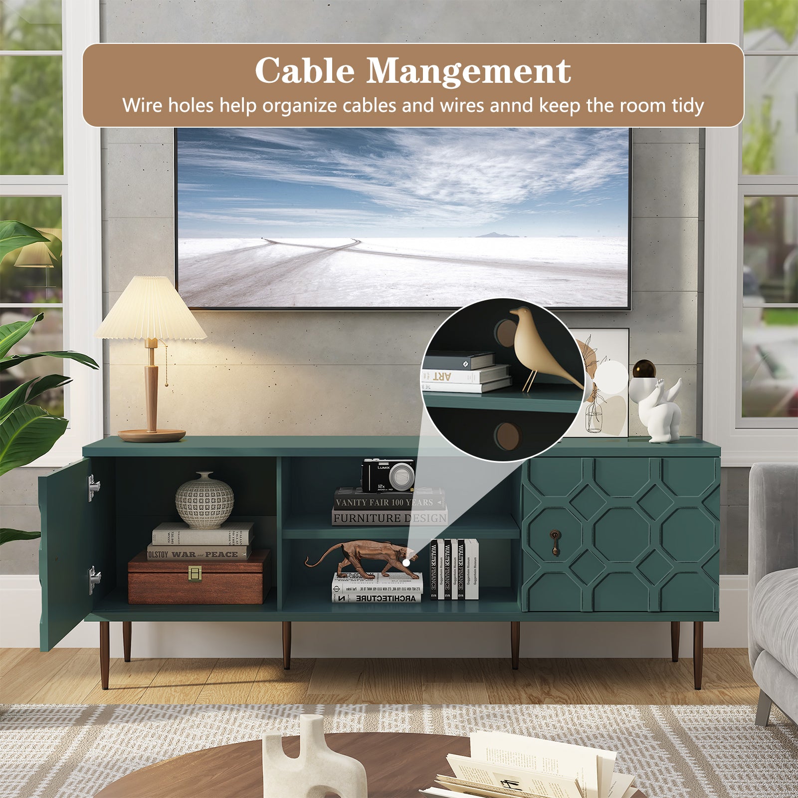 CBJCBJ Entertainment Center Console with 4 Doors and 2 Open Shelves for TV up to 75+ Inch, Green