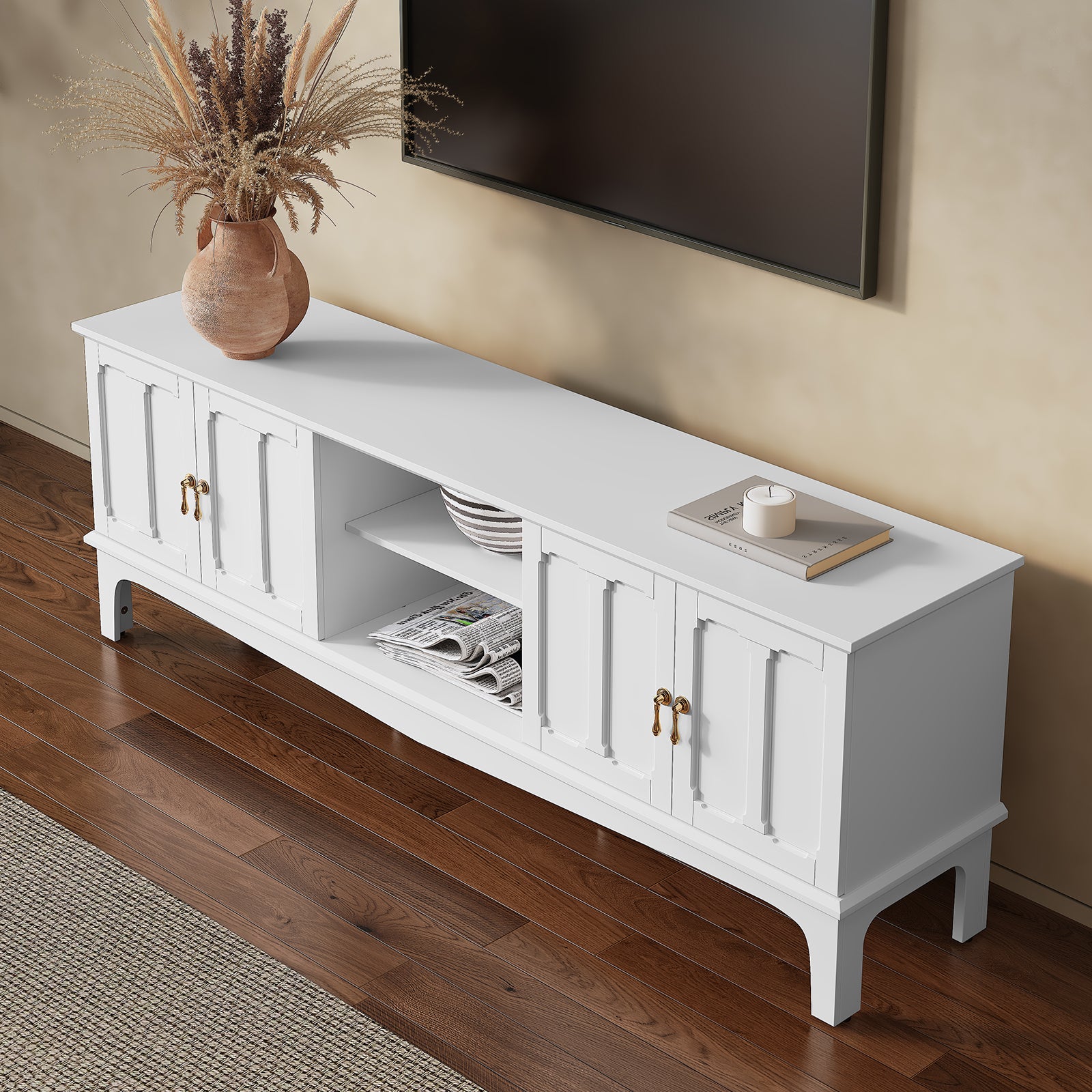 HLR Modern 67" TV Stand, for TVs up to 75", Entertainment Center with Curved Base for Living Room, White