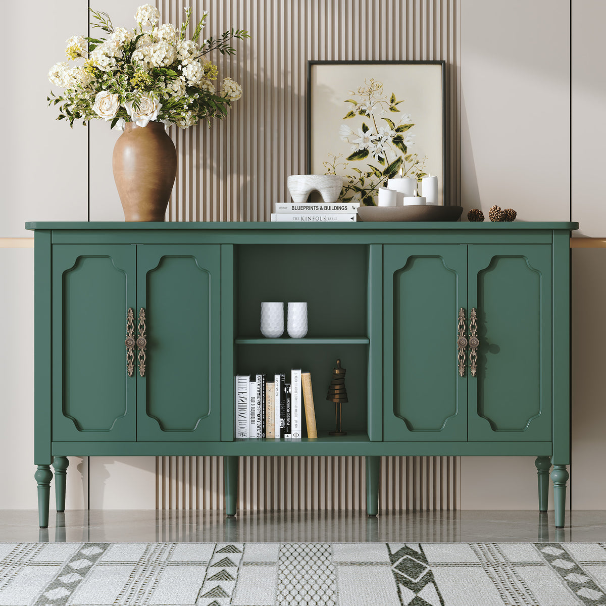 HLR 59" Mid Century Modern Storage Cabinet with Shelf, Vintage Large Sideboard Buffet Cabinet with 4 Doors, Green