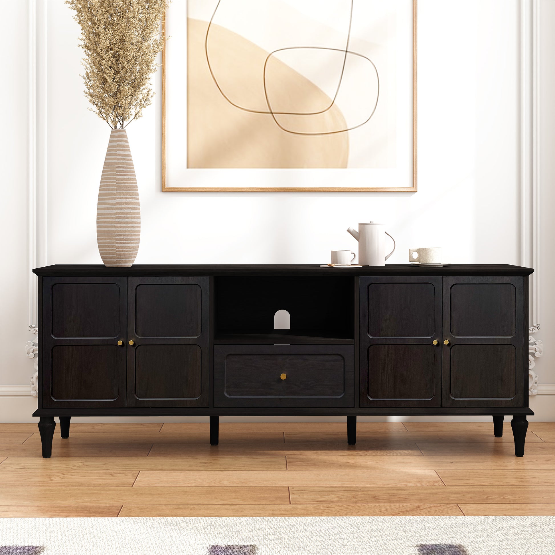CBJCBJ 67"Mid-Century Modern TV Stand with Storage and Adjustable Partition , Media Console for TVs up to 75", Black