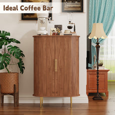 CBJCBJ Bar Cabinet with Tambour Door, Wood Liquor Cabinet with 16 Wine Racks and Adjustable Shelves, Brown