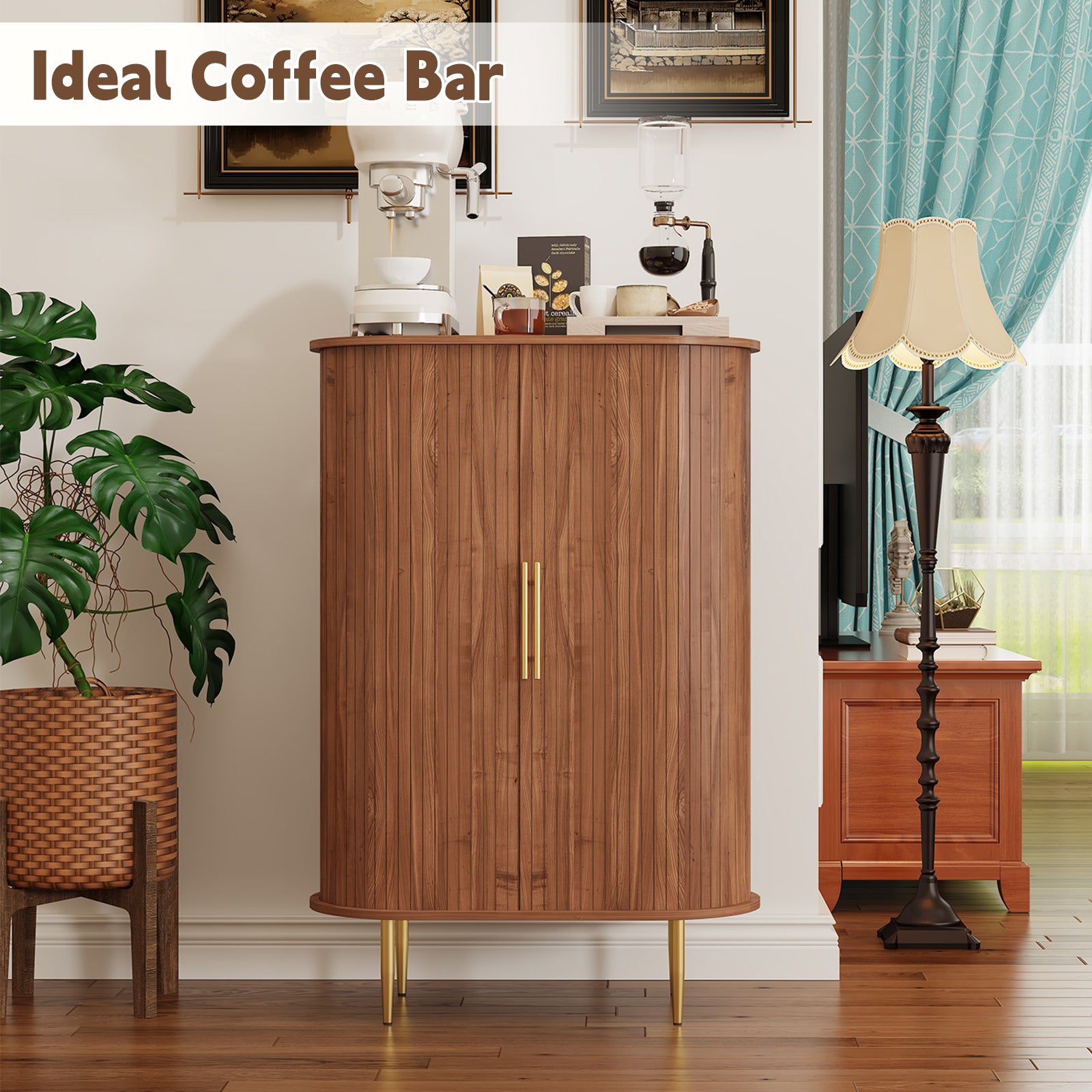 CBJCBJ Bar Cabinet with Tambour Door, Wood Liquor Cabinet with 16 Wine Racks and Adjustable Shelves, Brown