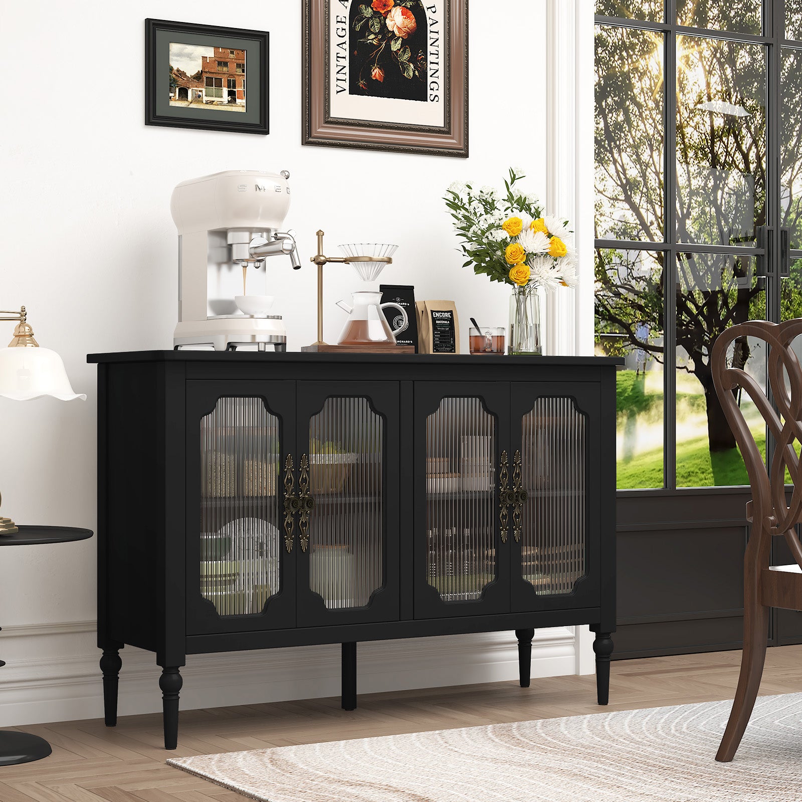 CBJCBJ 47" Retro 4 Door Buffet & Bar Cabinet, Sideboard Storage Cabinet for Dining Room, Black