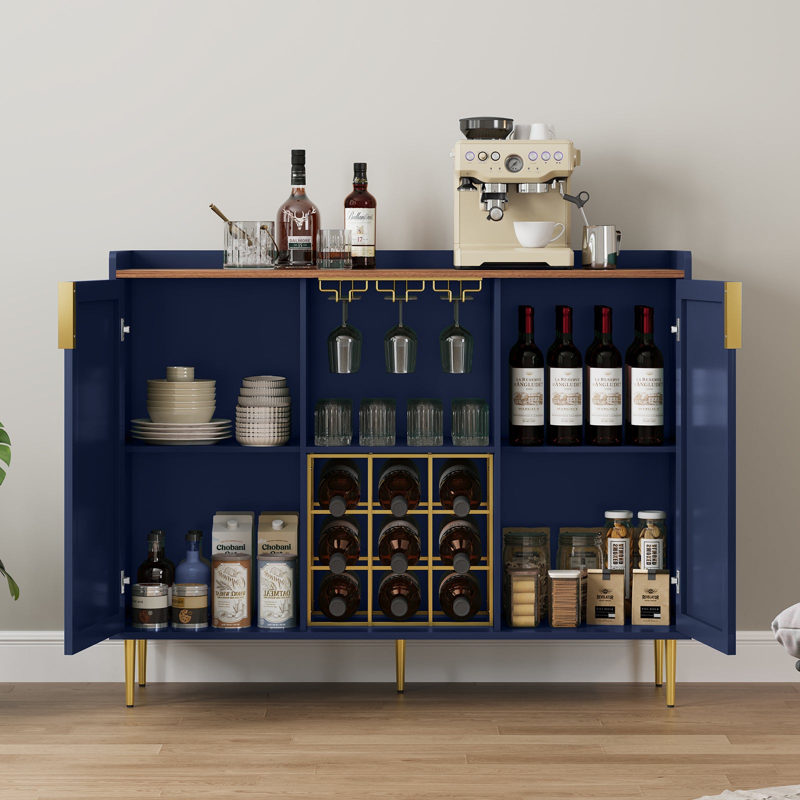 HLR 47.2" Coffee Wine Bar Cabinet with 2 Door, Modern Buffet Sideboard Table for Dining Room, Navy Blue