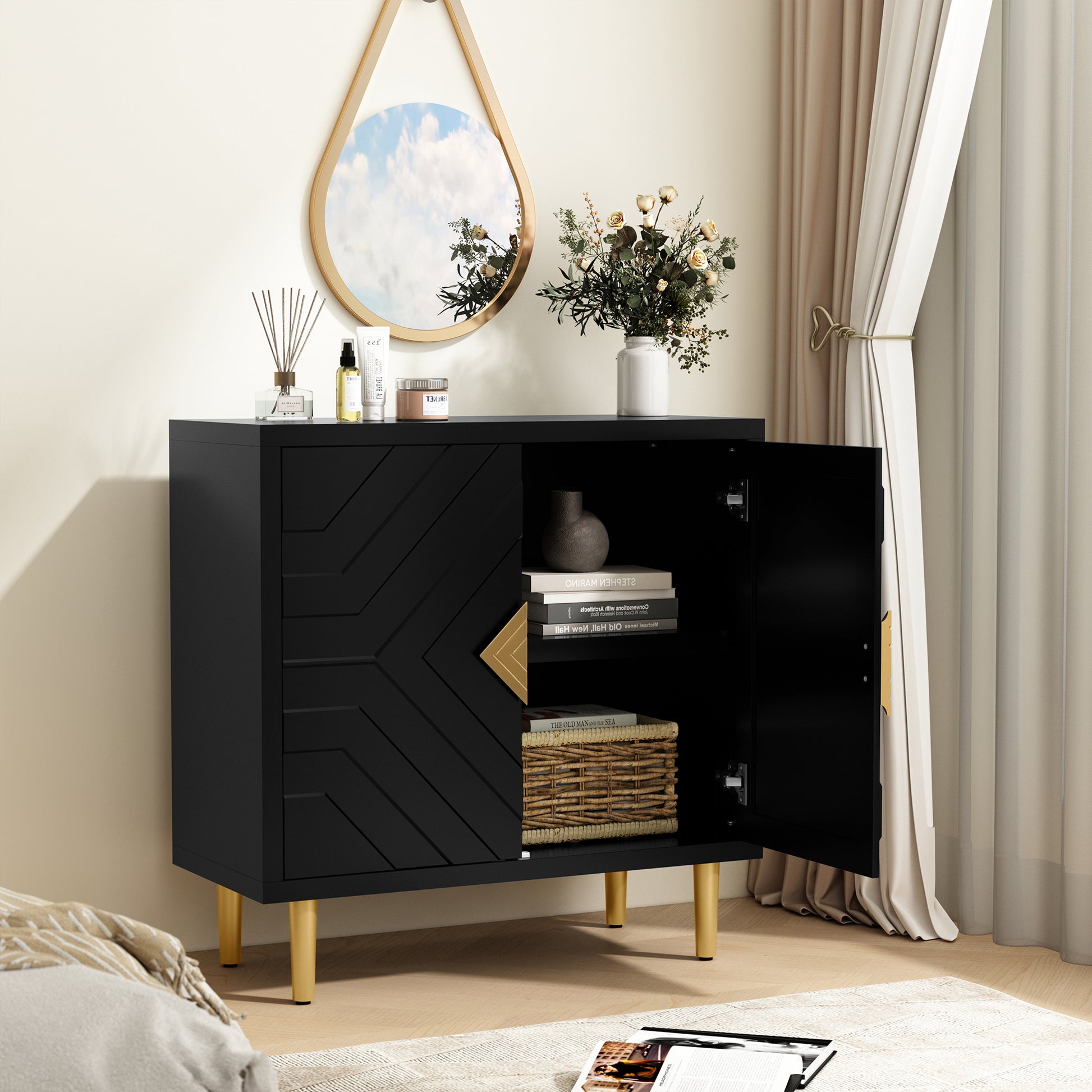 CBJCBJ 31.7" Modern Accent Sideboard Buffet Cabinet with 2 Doors & Shelves, Credenza for Living Room Storage, Black