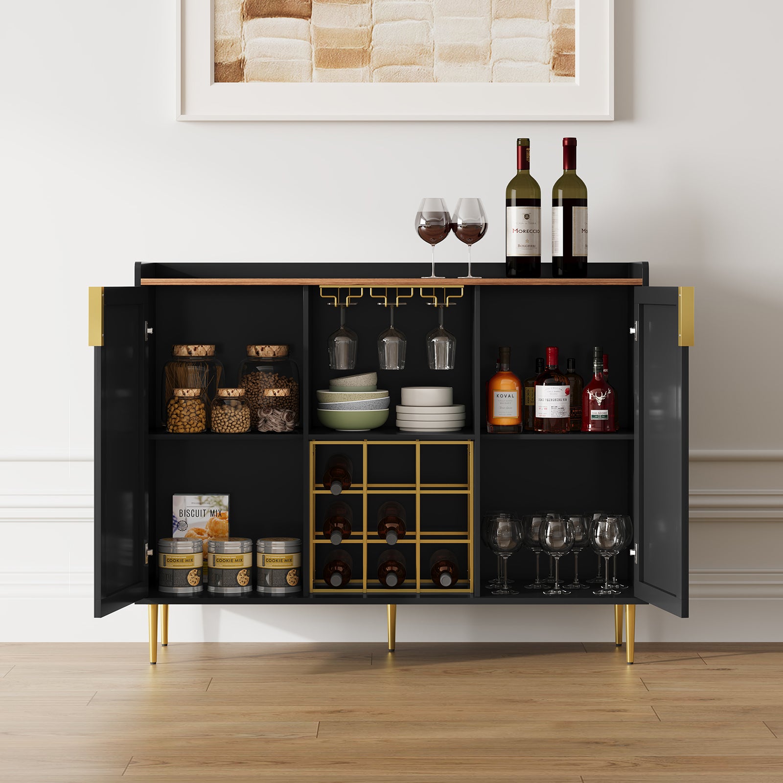 CBJCBJ 47" Modern Storage Wine Bar Cabinet with Cup Holder and Wine Rack for Dining, Black