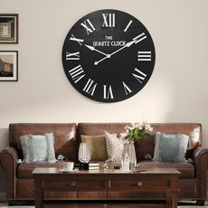 HLR 35.5” Farmhouse Large Shiplap Round Wall Clock with Roman Numeral for Living Room Decor, Black