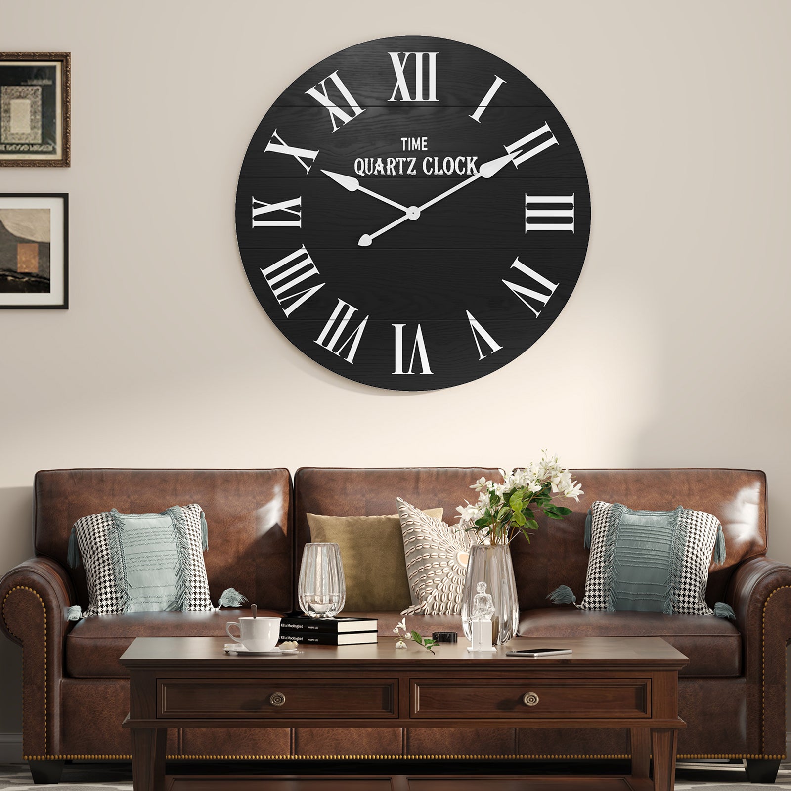 HLR 35.5” Farmhouse Large Shiplap Round Wall Clock with Roman Numeral for Living Room Decor, Black