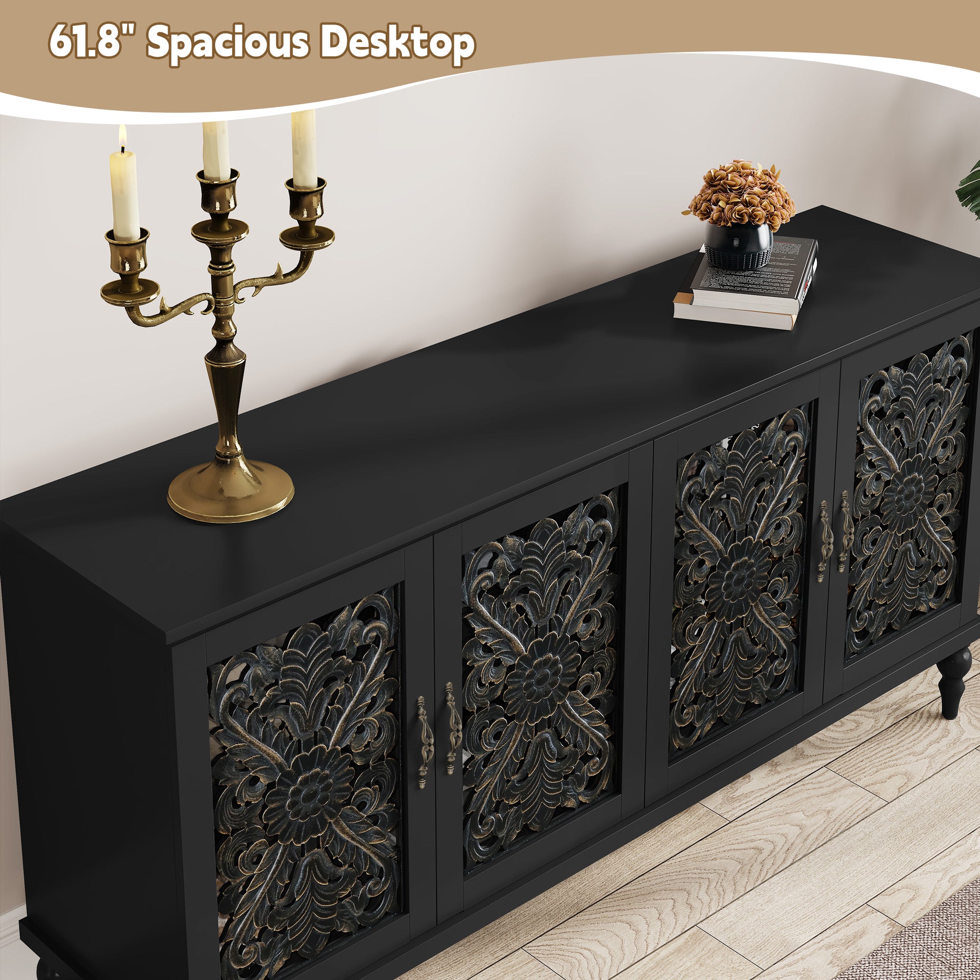 CBJCBJ 63" Mid Century Retro Sideboard Buffet Cabinet 4 Door, Accent Cabinet for Dining Room, Black