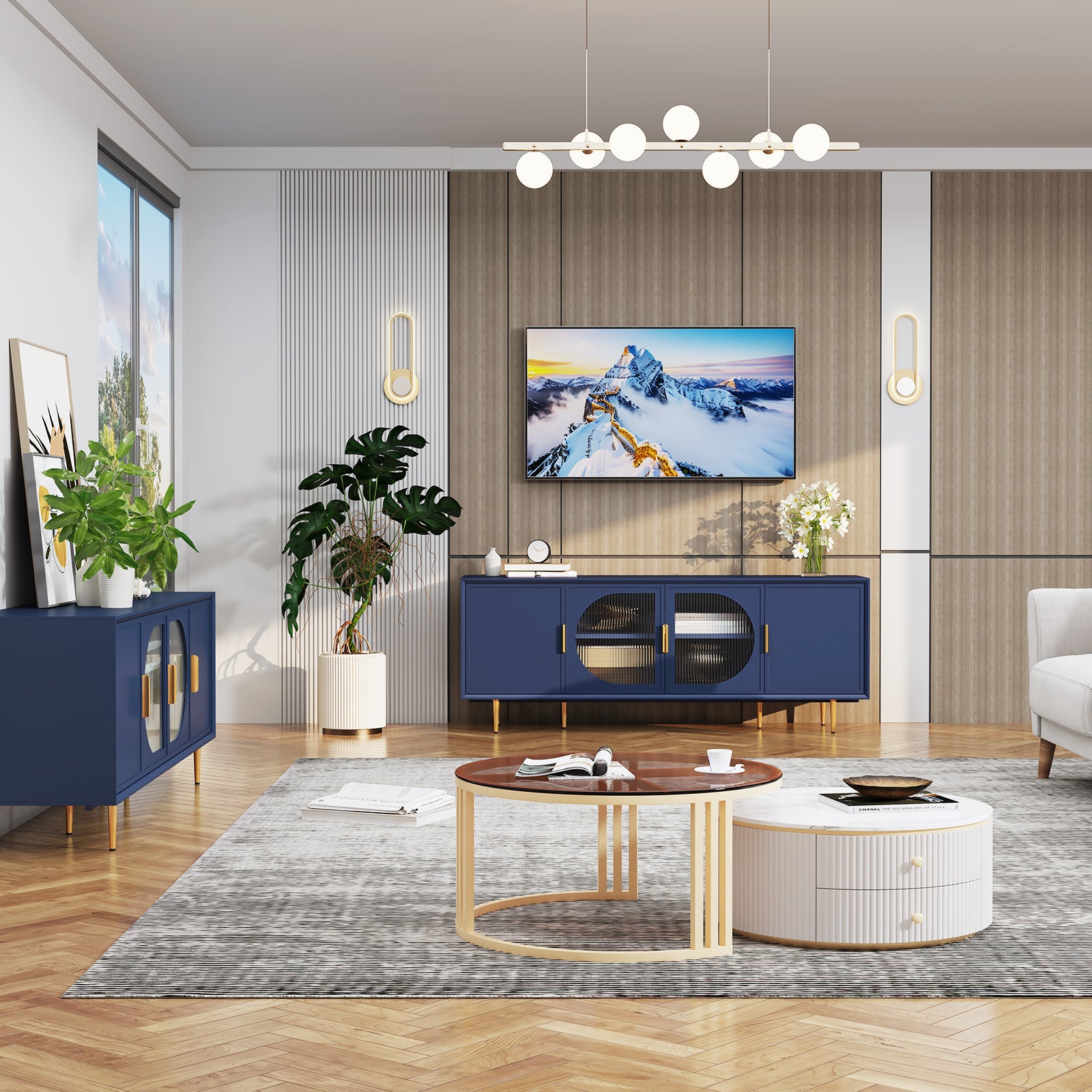 HLR Modern 66" TV Stand, for TVs up to 75", Living Room Entertainment Center with Glass Storage Cabinet, Blue
