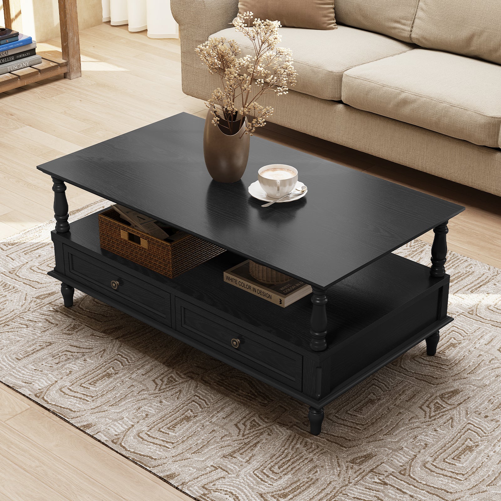 HLR 41" Mid Century Modern Coffee Table with Drawer Storage, Assembled Wood Center Table for Living Room, Black