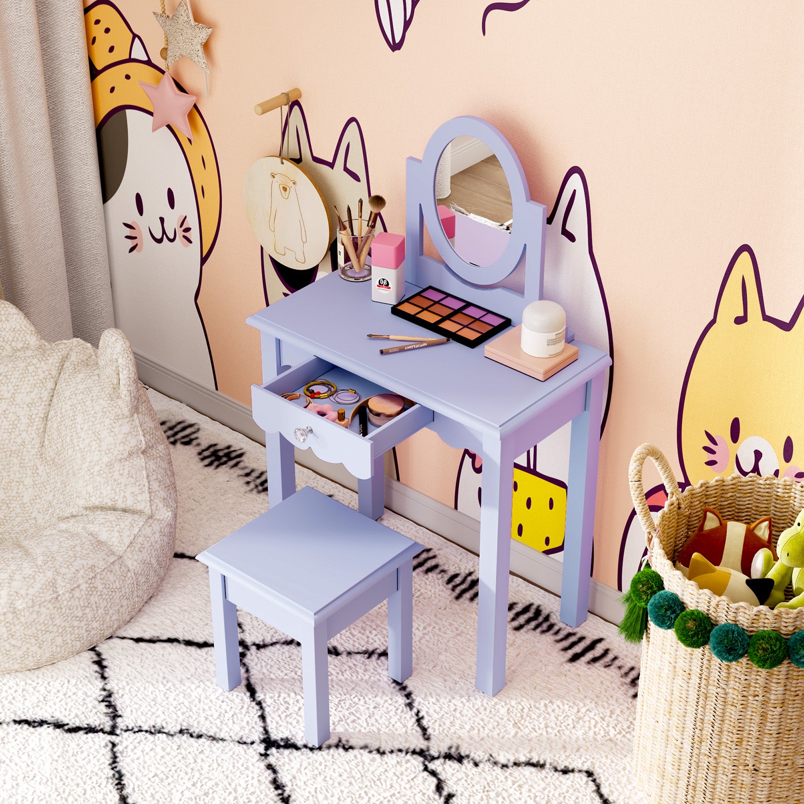 CBJCBJ Kids Vanity Set with Mirror and Stool（Detachable Top）, Wooden 2 in 1 Princess Makeup Desk Dressing Table