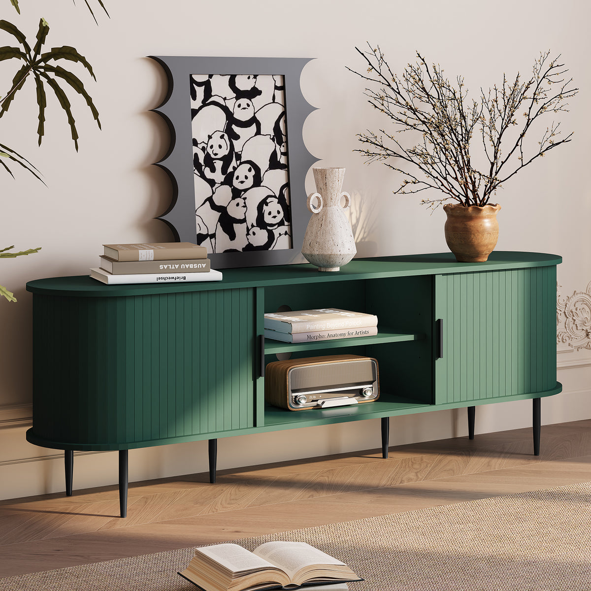 HLR 63" Green TV Stand for 75" TV, Wood Entertainment Center with 2 Sliding Tambour Doors Storage, Mid-Century