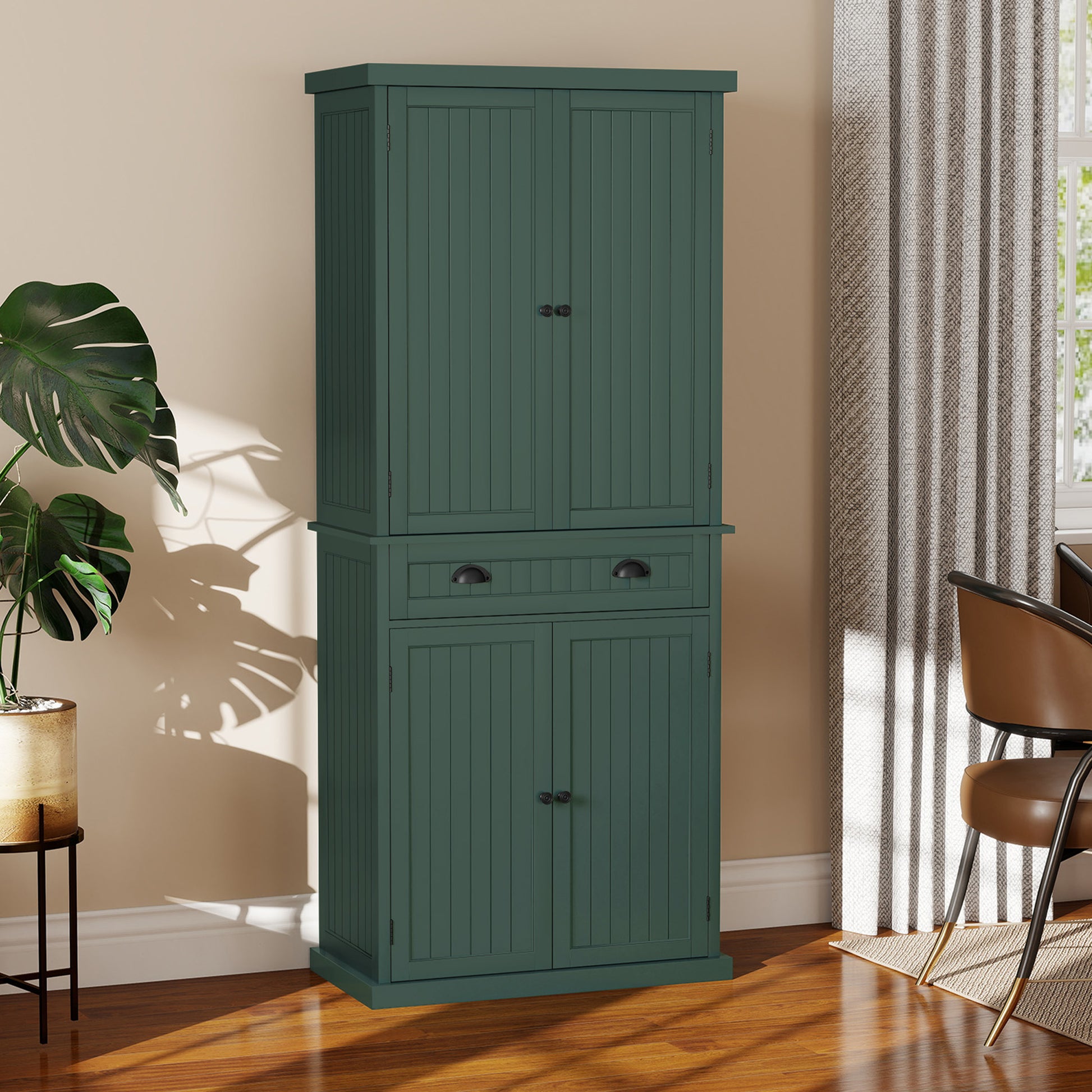 CBJCBJ 72" Wood Pantry Cabinet, 4 Adjustable Shelves and Central Drawer with Storage , Freestanding Kitchen Organizer for Dining Room（Green）