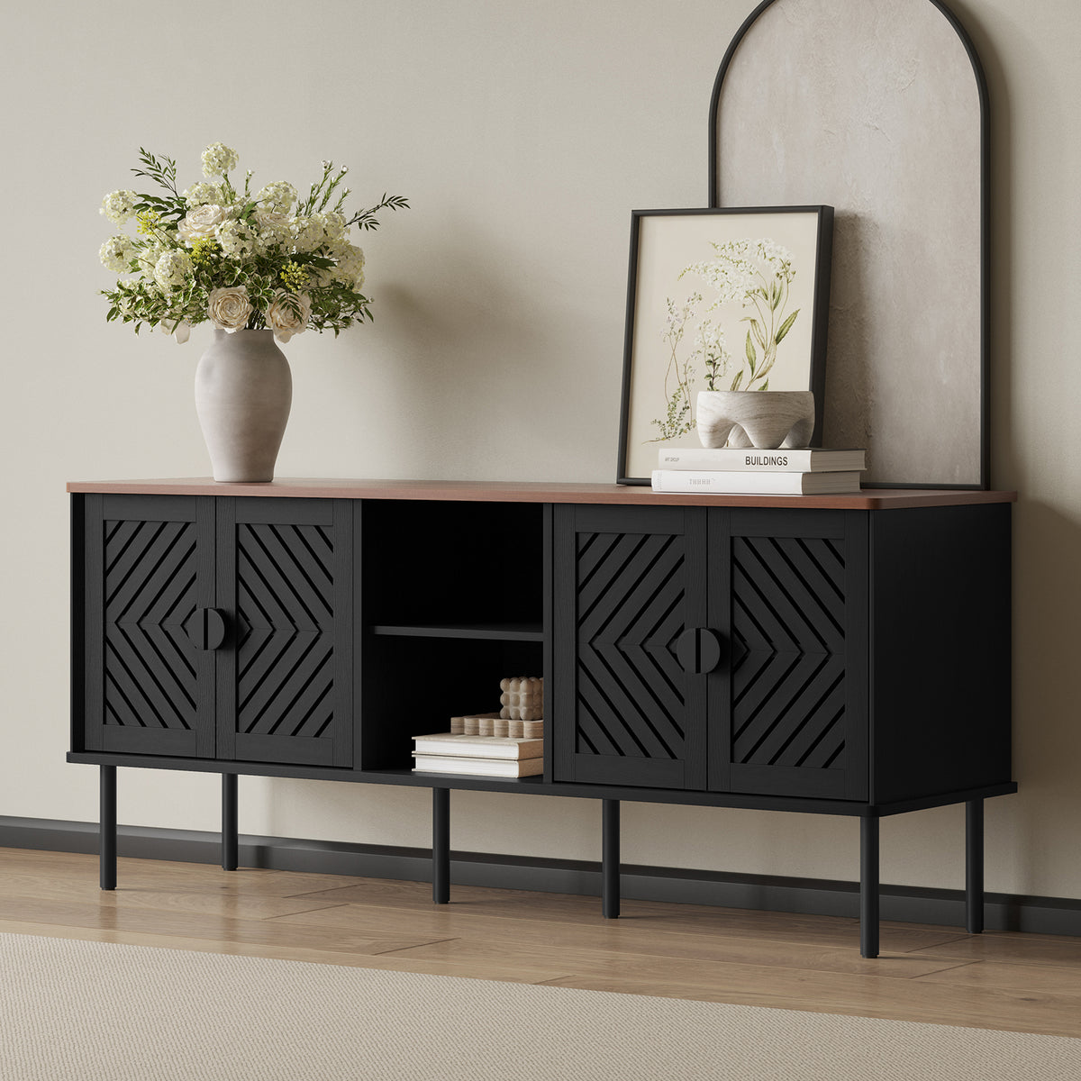 HLR Mid Century Modern 55" TV Stand for 65 Inch TV, Entertainment Center with Storage, Black