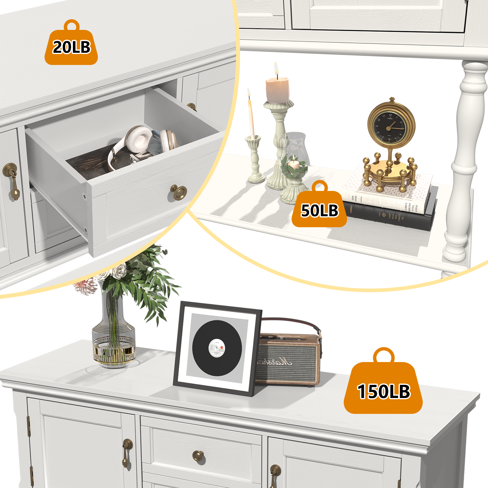 HLR 42" Farmhouse Modern Console Table, Entryway Table with Storage Shelf for Living Room, White
