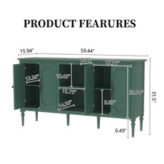 HLR 59" Mid Century Modern Storage Cabinet with Shelf, Vintage Large Sideboard Buffet Cabinet with 4 Doors, Green