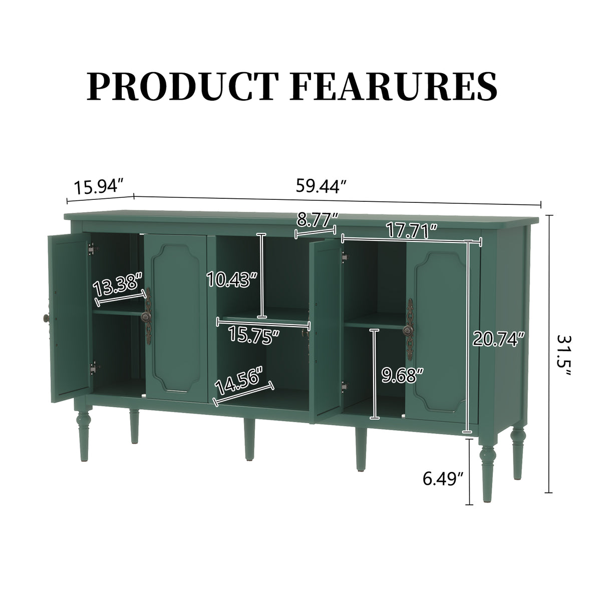 HLR 59" Mid Century Modern Storage Cabinet with Shelf, Vintage Large Sideboard Buffet Cabinet with 4 Doors, Green