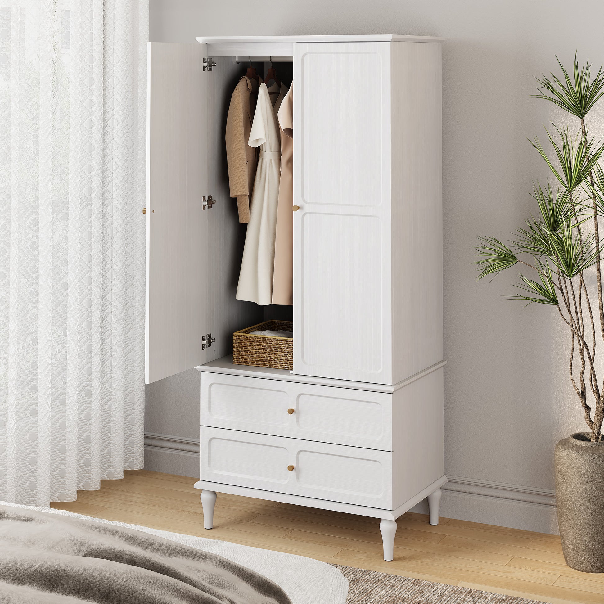 HLR 71" Tall Modern Wood Armoire Wardrobe Closet, Freestanding Cabinet with Hanging Rod for Bedroom, White