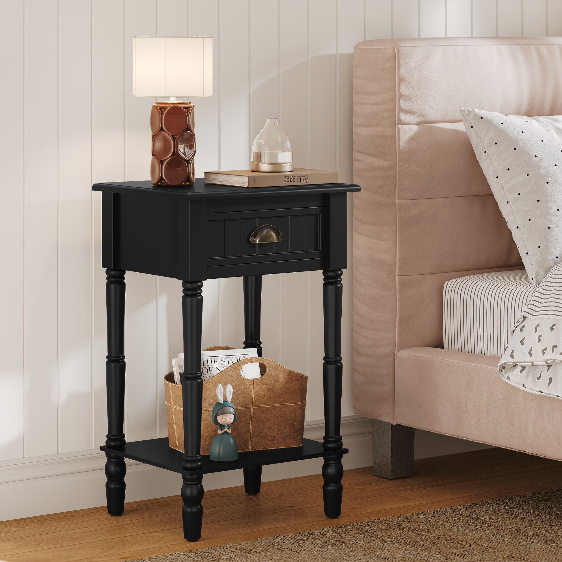 HLR 26"H Modern Nightstands Set of 2 with Drawers, Minimal Assembly Wood End Table for Bedroom, Black