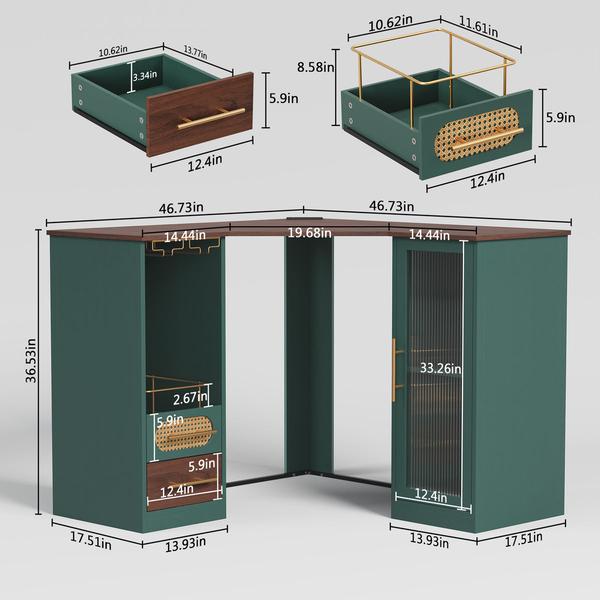 HLR Modern Corner Bar Cabinets with Mini Fridge Space, Wine Glass Rack, Storage Drawers, Green