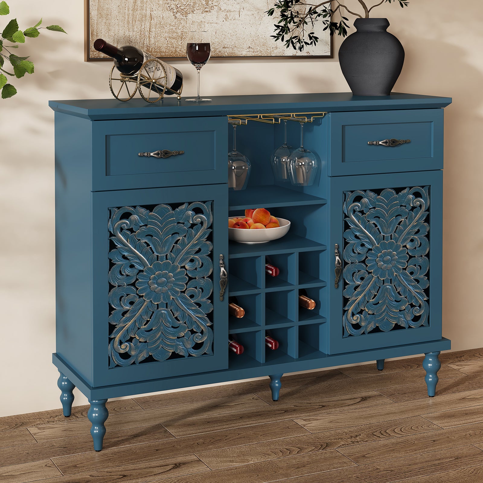 HLR 47.2" Wine Bar Cabinet, Retro Sideboard Buffet Coffee Bar with Storage for Living Room, Blue