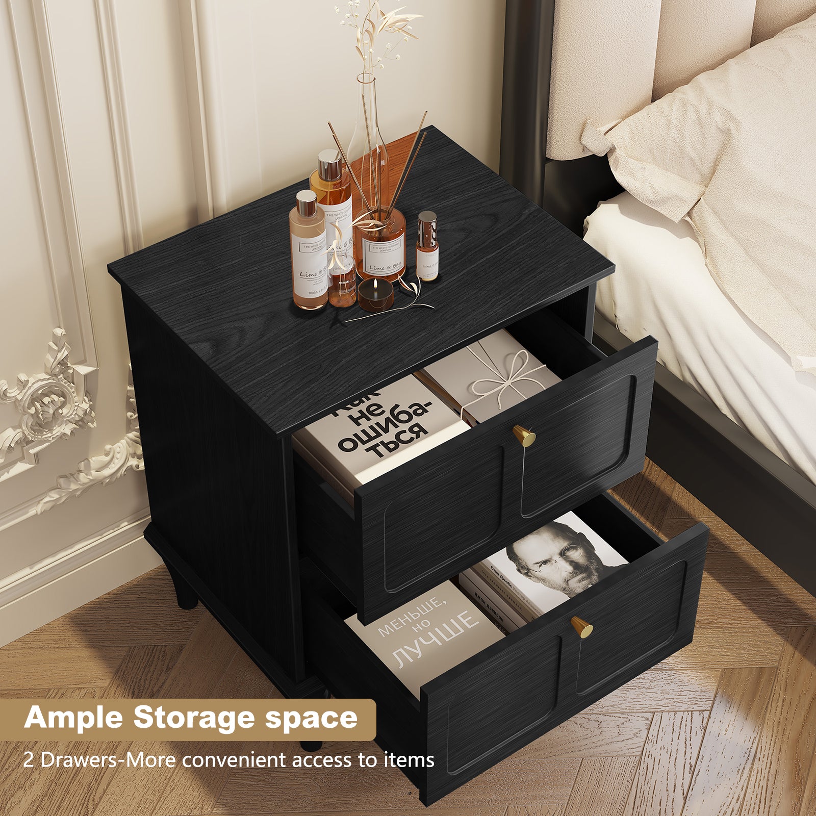 HLR 20" Mid Century Nightstands Set of 2 with Drawers, Wood Bedside Table End Table for Bedroom, Black