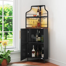 HLR Corner Coffee Bar Cabinet with LED Strip, 4-Tiers Modern Tall Liquor Cabinet with Wine Rack for Dining Room