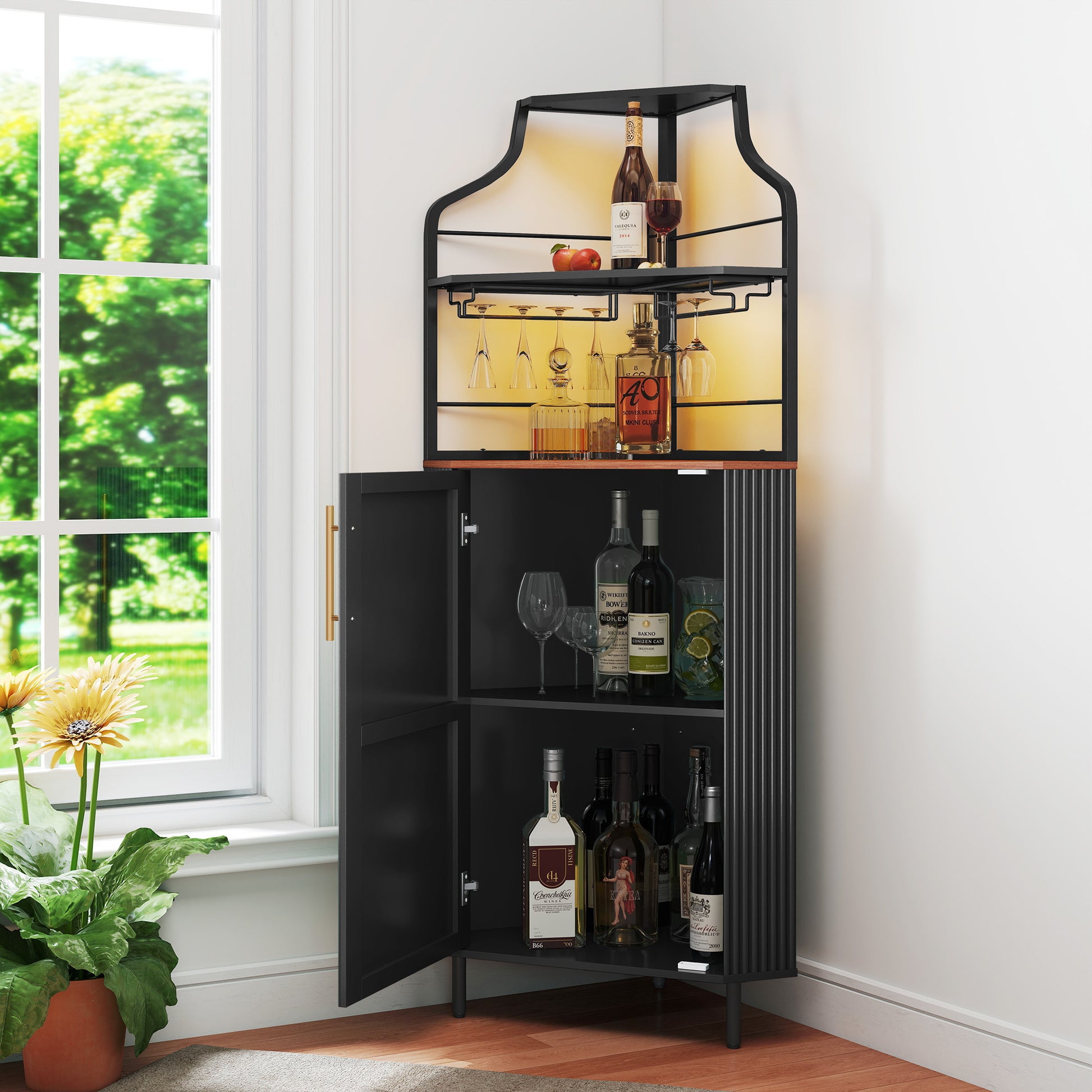 HLR Corner Coffee Bar Cabinet with LED Strip, 4-Tiers Modern Tall Liquor Cabinet with Wine Rack for Dining Room
