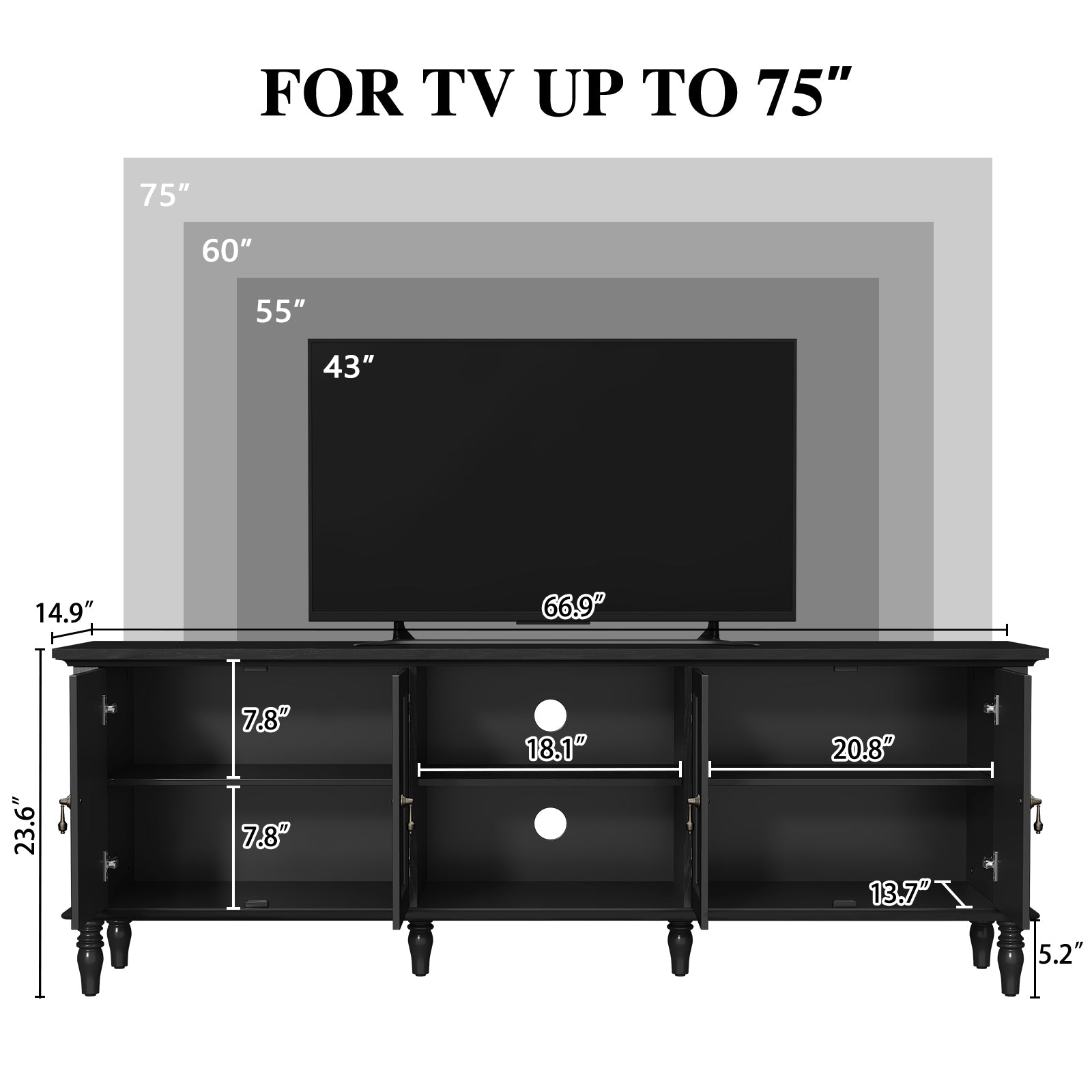 HLR 67" TV Stand, for TVs up to 75", Mid-Century Wood Entertainment Center for Living Room, Black