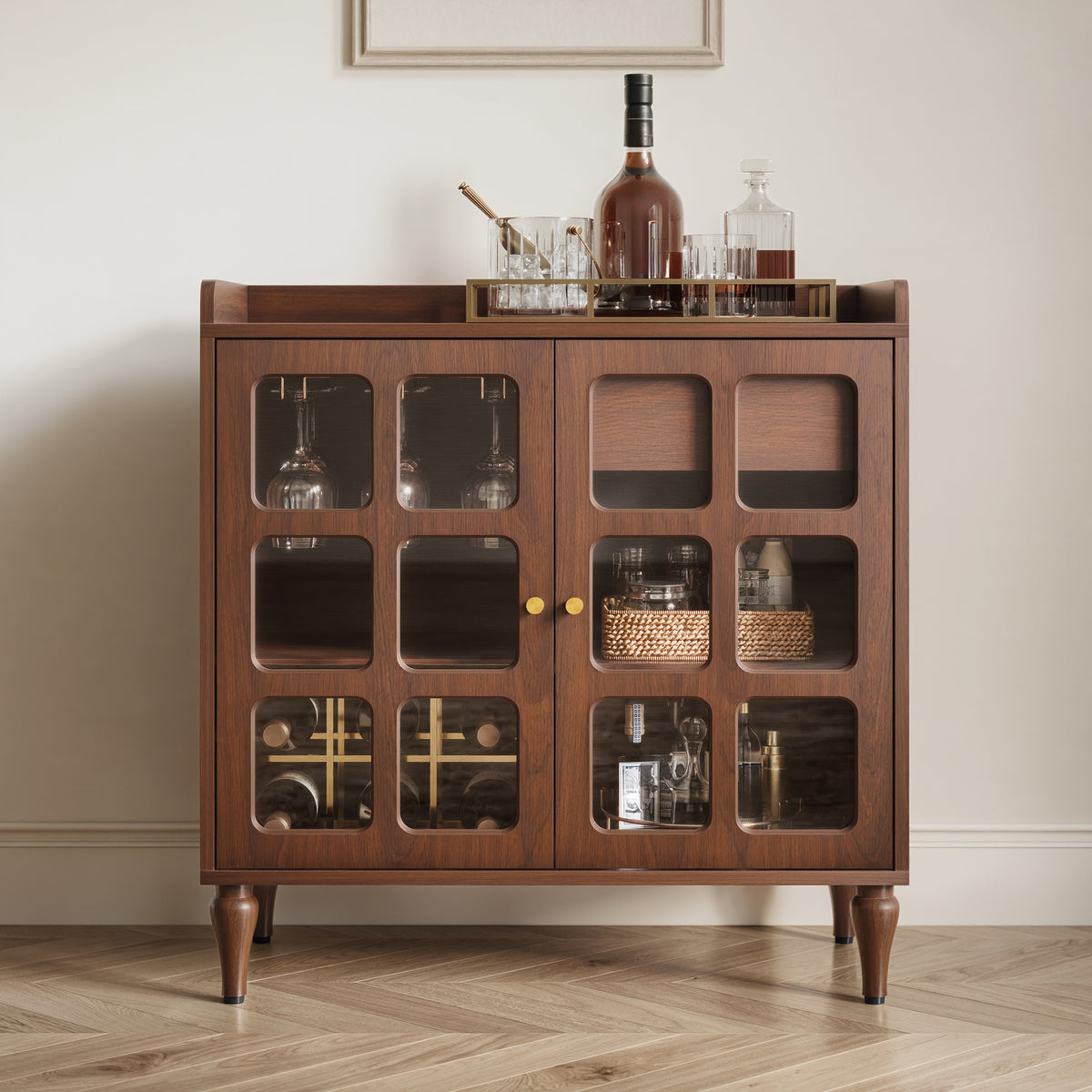 CBJCBJ Modern Wine Cabinet with Power Outlet and Glass Doors Sideboard Storage for Dining and Living Room,Brown