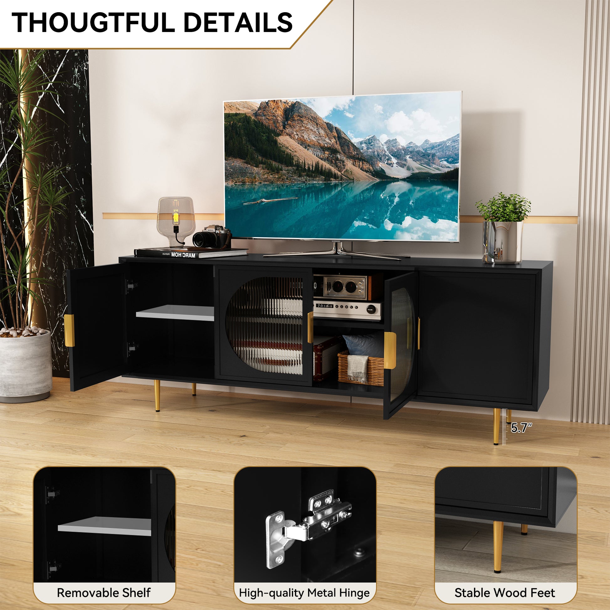 CBJCBJ 66" TV up to 75" Stand for Living Room, Entertainment Center with Glass Storage Cabinet,Black
