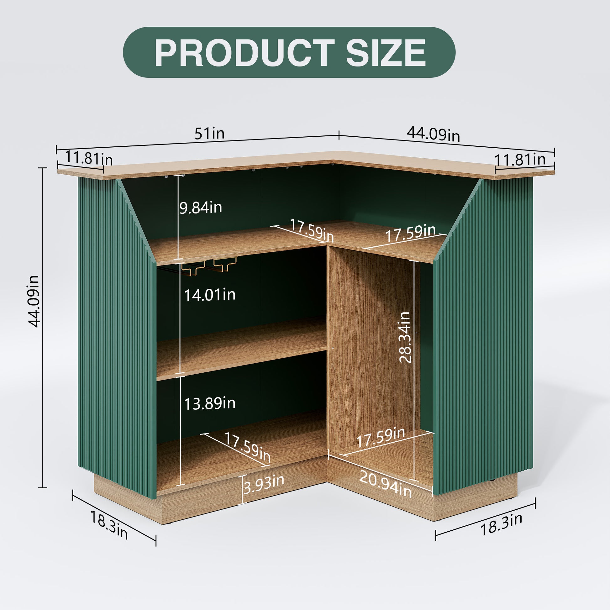 CBJCBJ L-Shaped Home Bar Cabinet,4-Tier Corner Bar counter with Fridge Space,Unit Wine Cabinet with Storage,Green