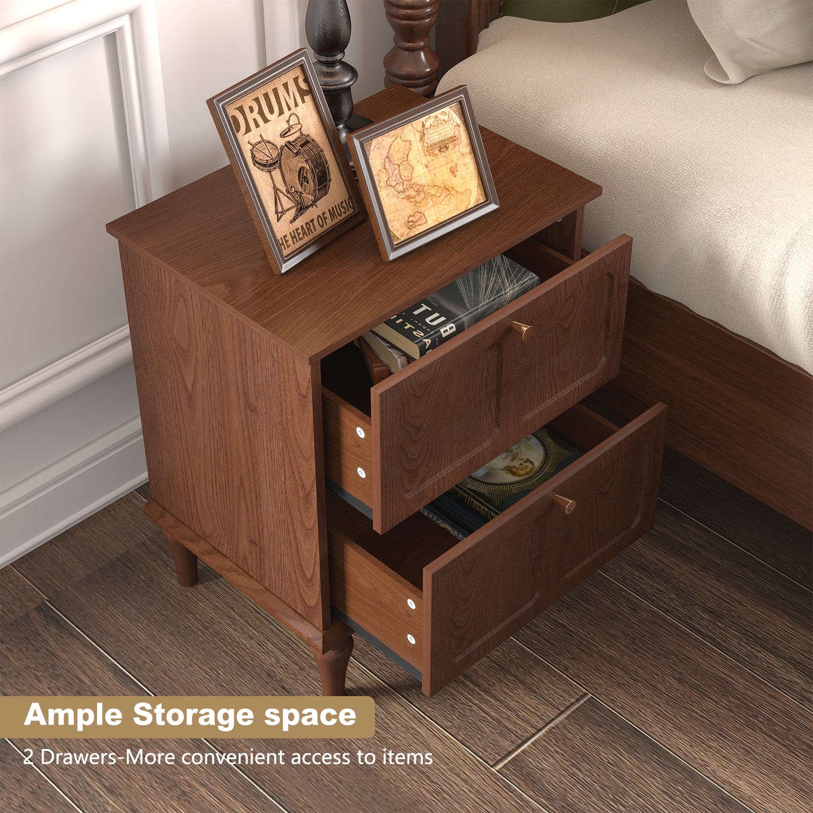 HLR 20" Mid Century Nightstands Set of 2 with Drawers, Wood Bedside Table End Table for Bedroom, Brown
