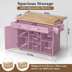 HLR 51.7" W Rolling Kitchen Islands Cart, Adjustable Shelves, Breakfast Bar, Storage Cabinets,Pink